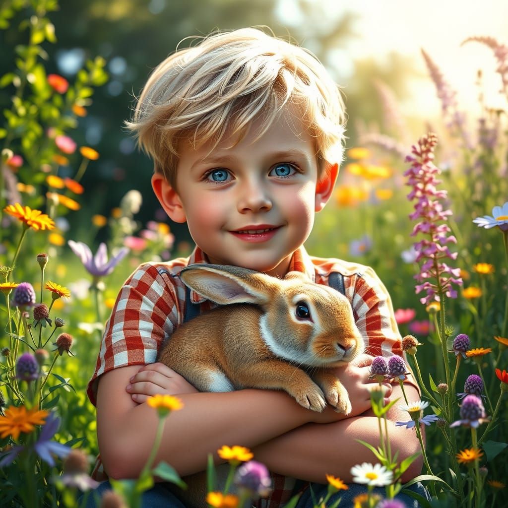 Idyllic Summer's Day: A Boy and His Rabbit in Whimsical Wond...