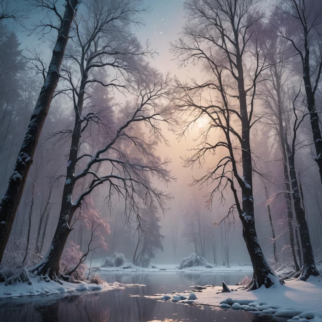 Ethereal Frozen Lake in Winter Forest: Digital Painting