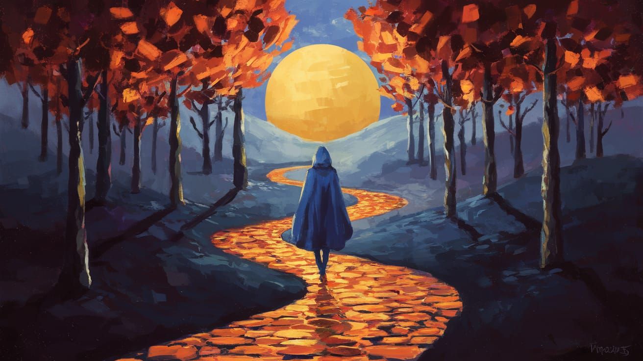 Dreamlike Figure Walks a Glowing Orange Path