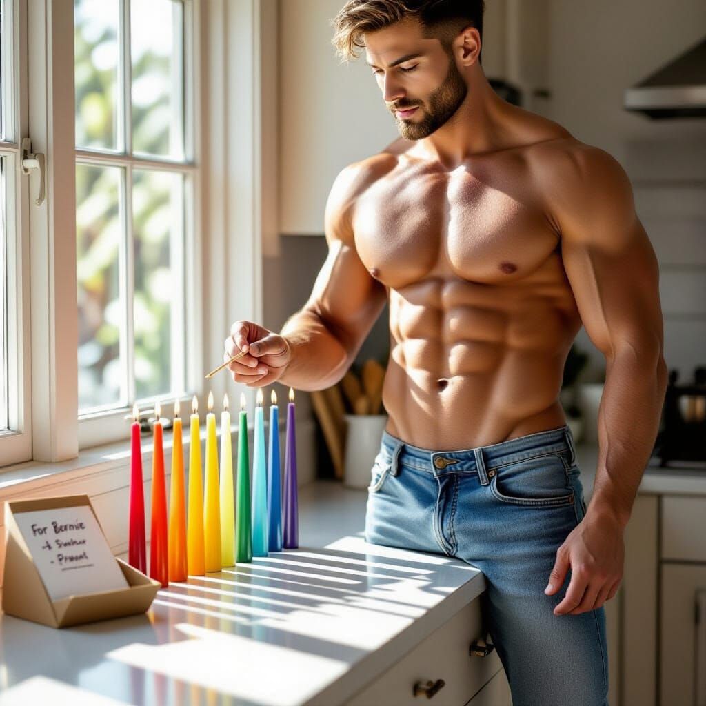 Muscular Man Lights Rainbow Candles at Morning