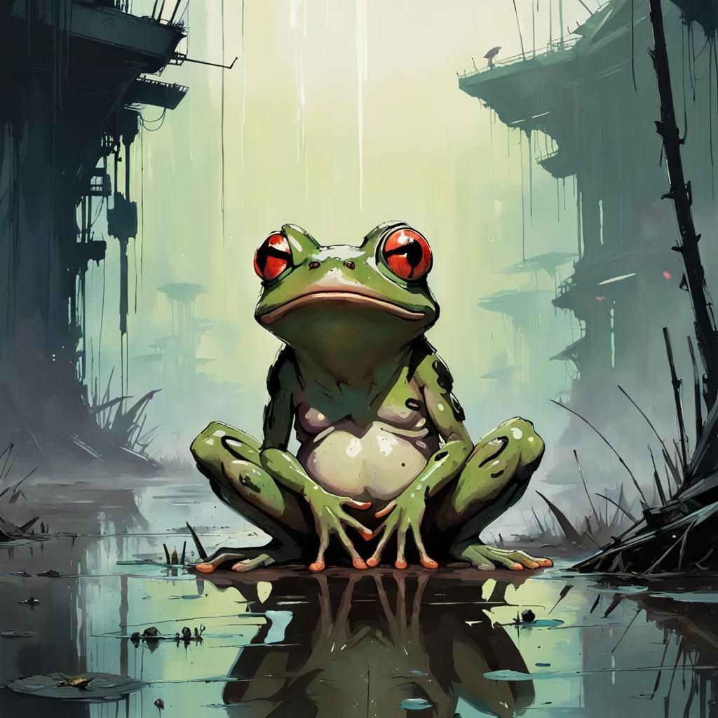 Frowning Frog in Cyberpunk Swamp with Flies