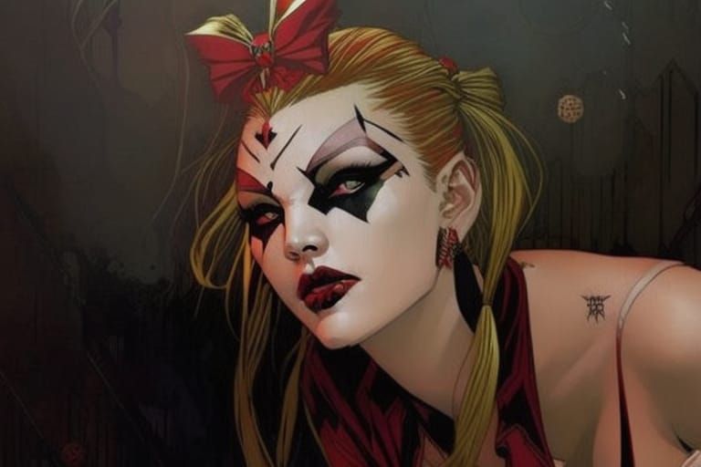 Detailed Harley Quinn Portrait in Surreal Comic Style