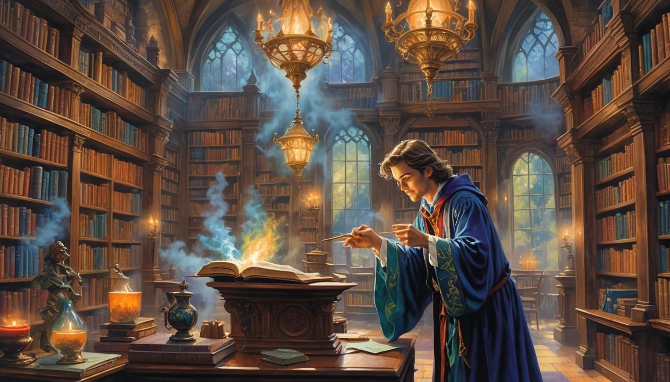 Young Wizard Practicing Spells in Watercolour Fantasy