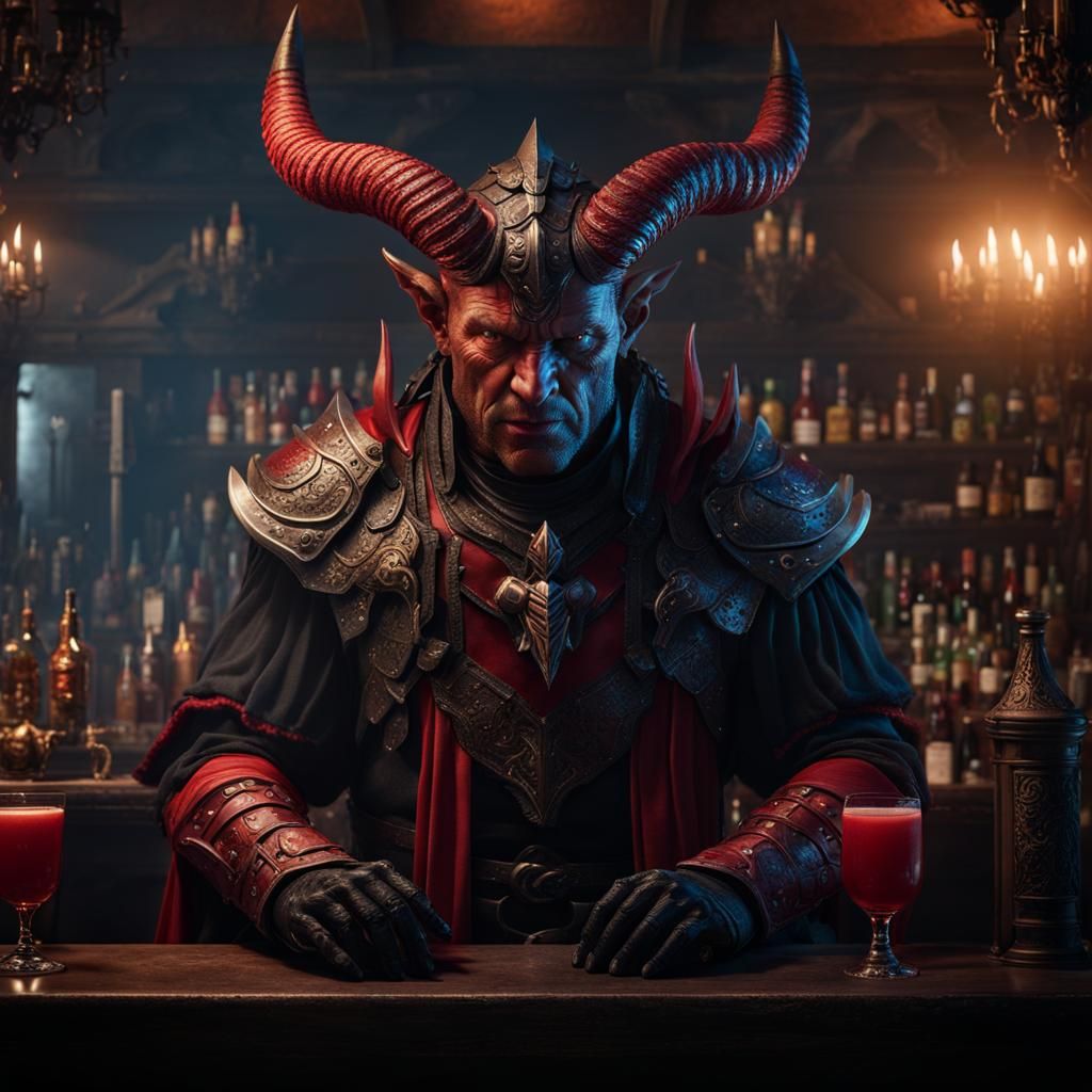 Red Demon Warrior at Medieval Bar in Detailed Digital Art