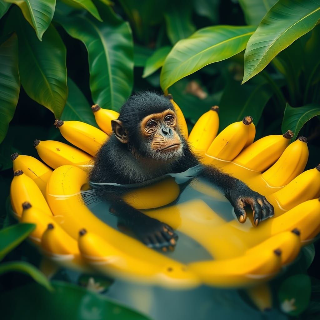 Surreal Monkey in Yellow Banana Pool, Dreamscape Art