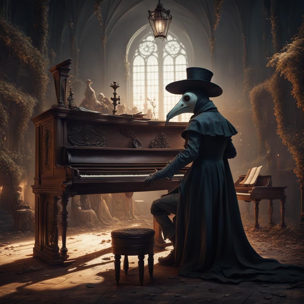 Plague Doctor Plays Piano in Detailed Digital Art