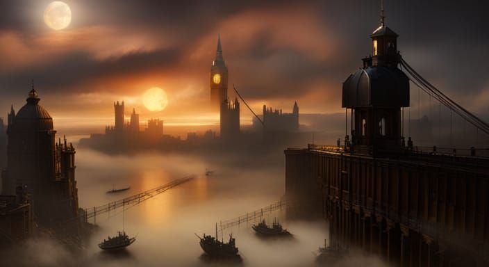 Victorian Airship Battle Over London in Steampunk Style