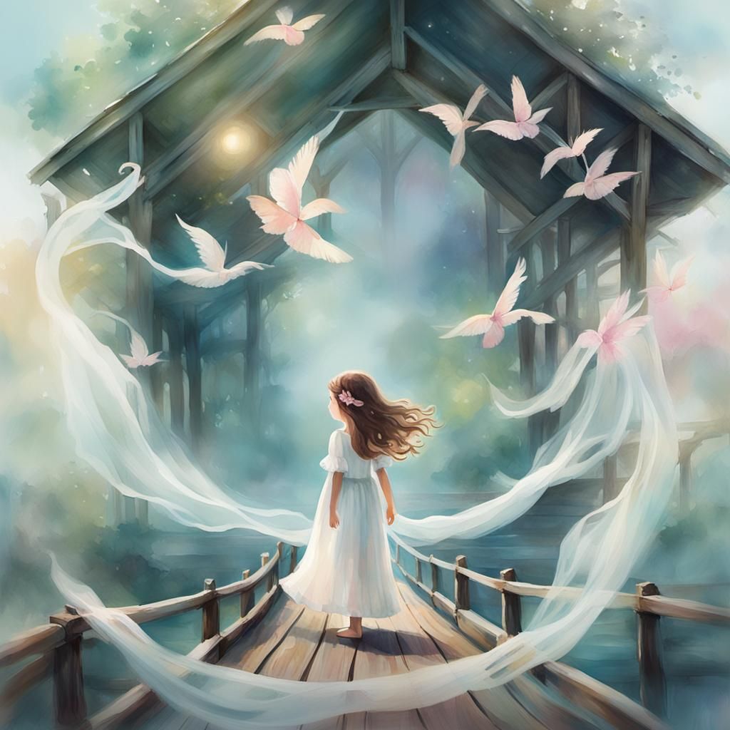 A Little Girl's Ethereal Moment on a Worn Wooden Bridge