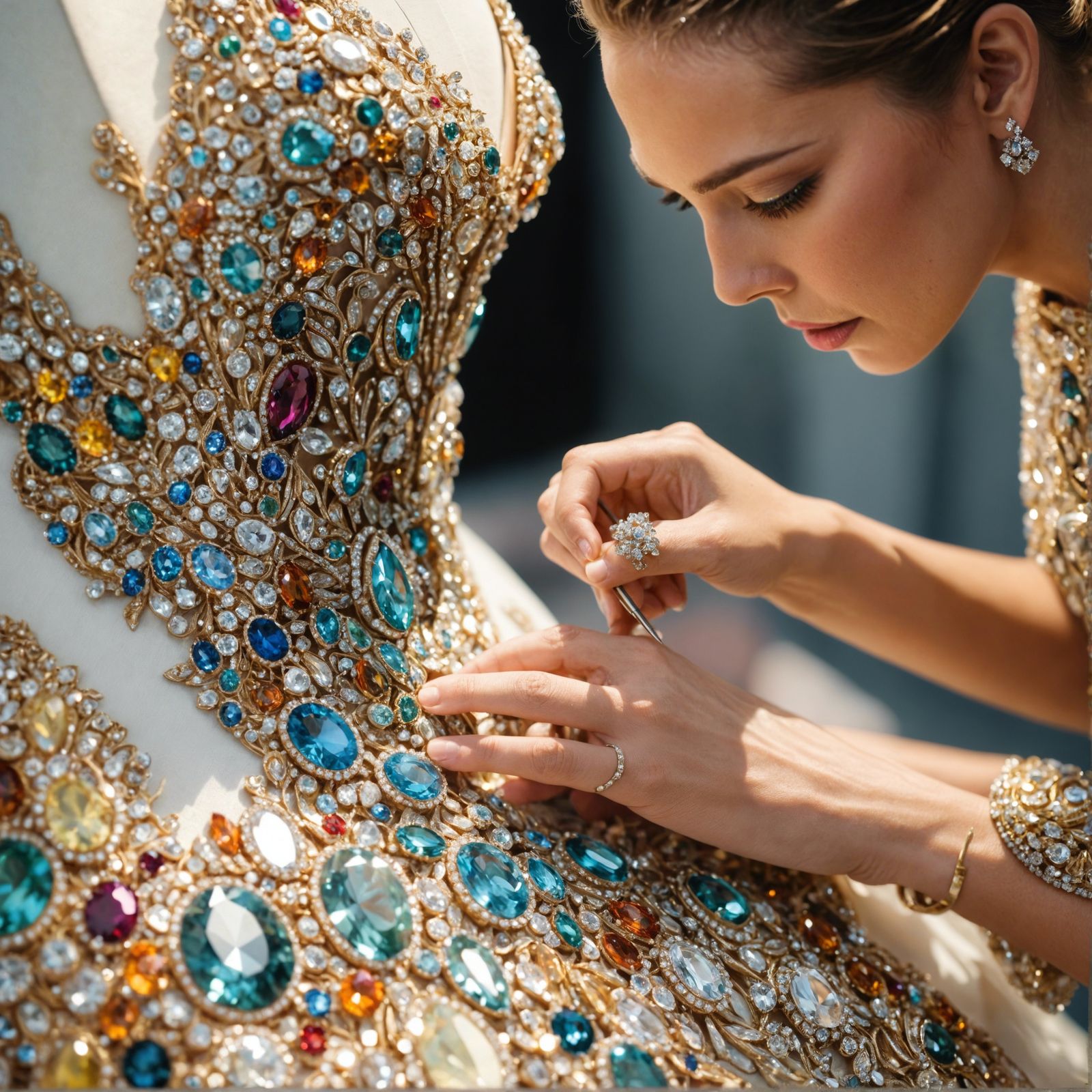 Fashion Designer Embellishing Couture Gown with Gems