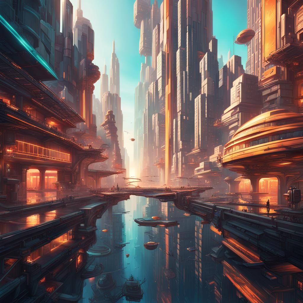 Futuristic Art Deco Megalopolis in Hyperrealistic Splash Art