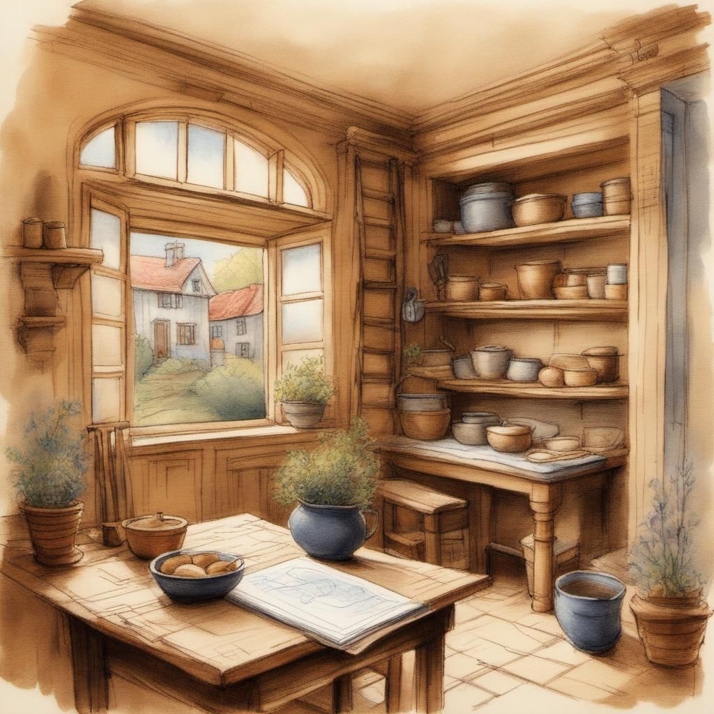 Architectural Sketch of Baker's House in Pastel