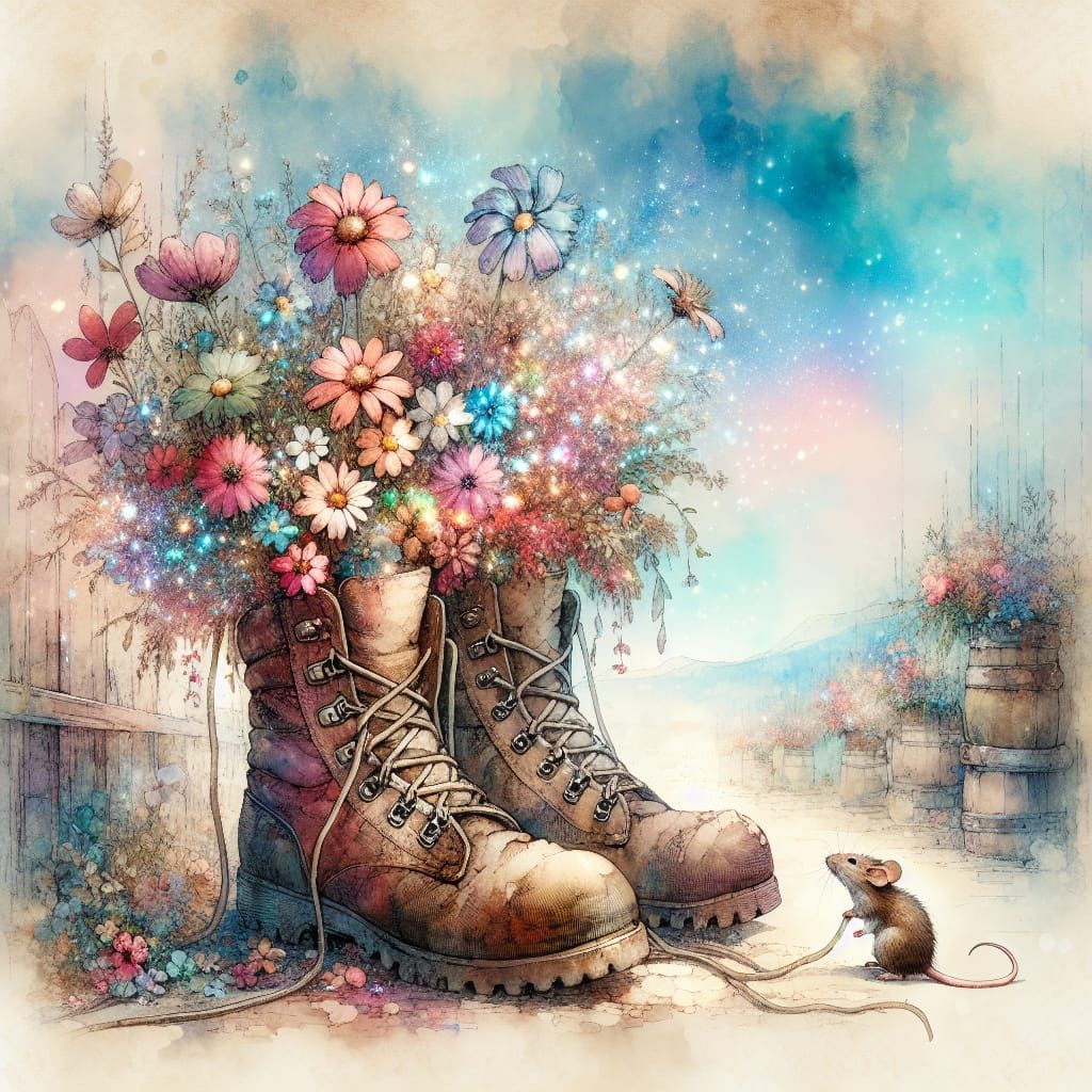 Whimsical Mouse Finds Flower-Filled Hiking Boot Homes