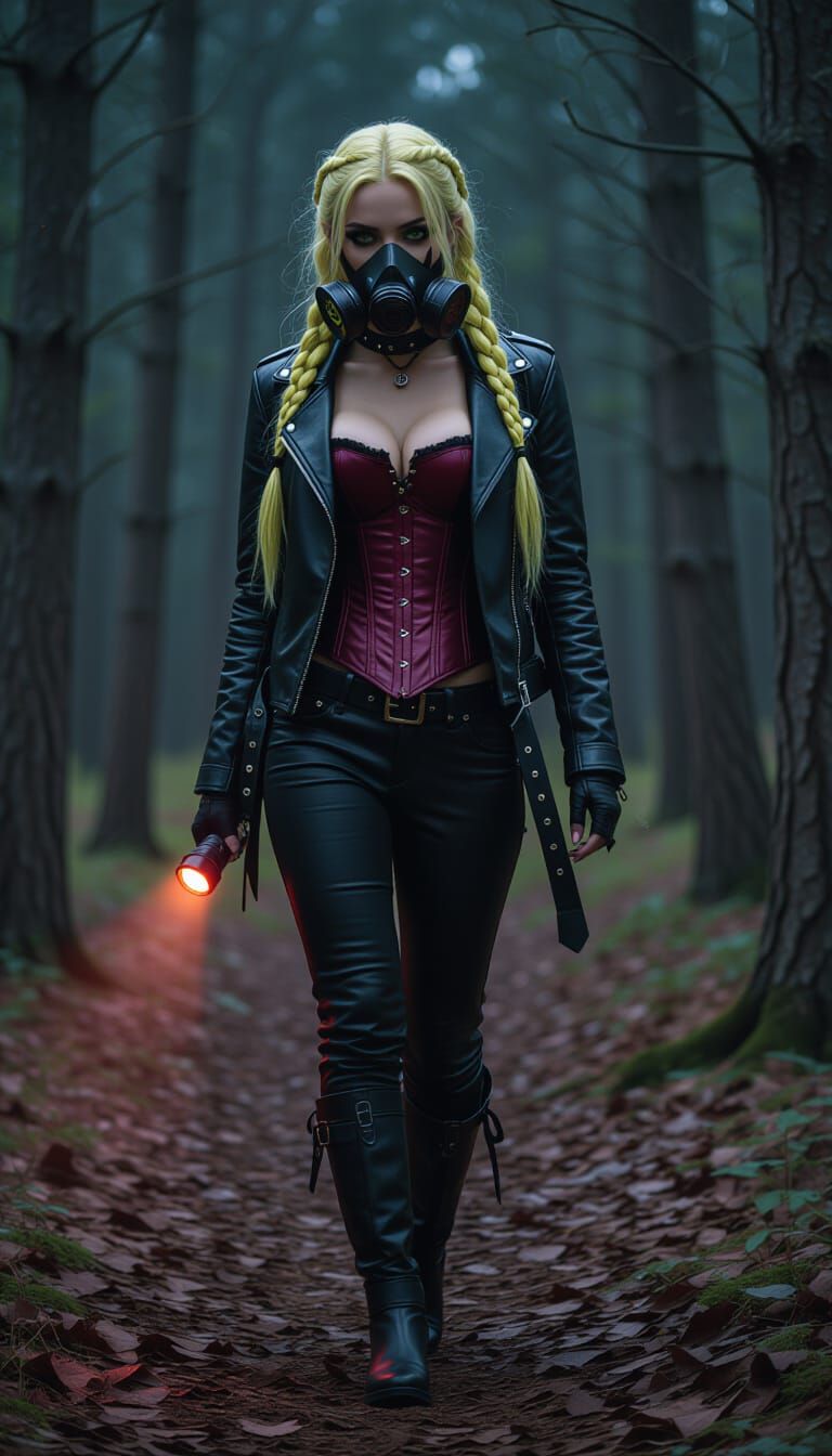 Gothic Woman in Dark Woods with Gas Mask