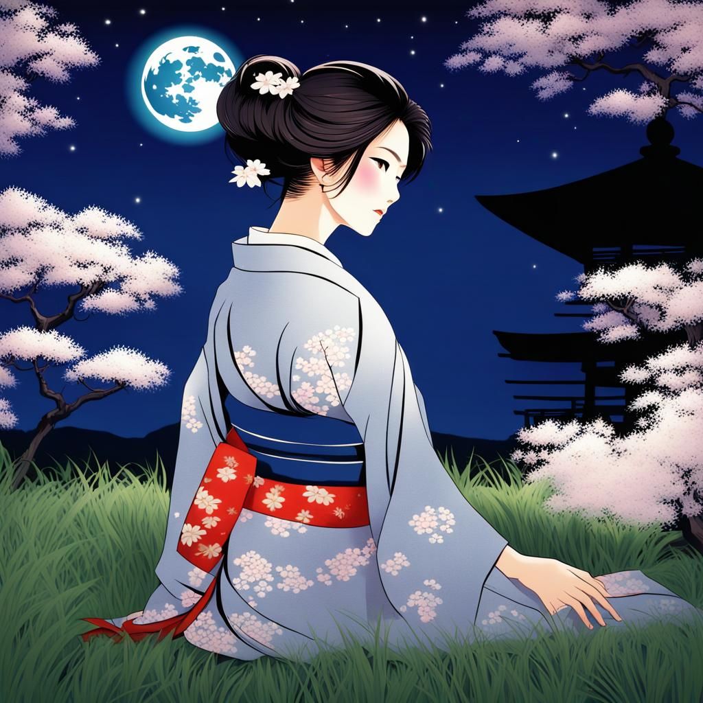 Woman Gazing at Moon in Dark Fantasy Art
