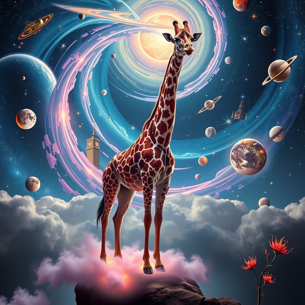Surreal Giraffe in Cosmic Dreamscape, Blending Reality and F...