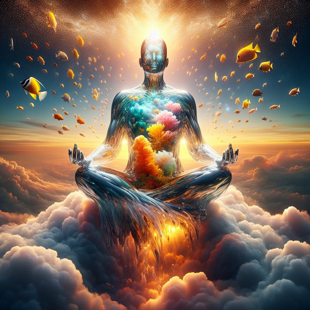 Ethereal Glass Figure Meditating at Sunset