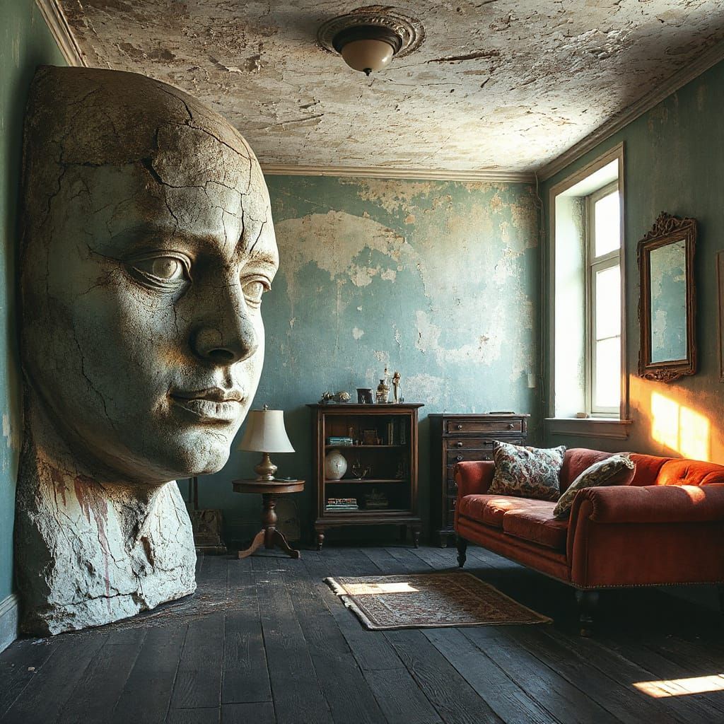 Surreal Room With Cracked Face Sculpture and Vintage Decor