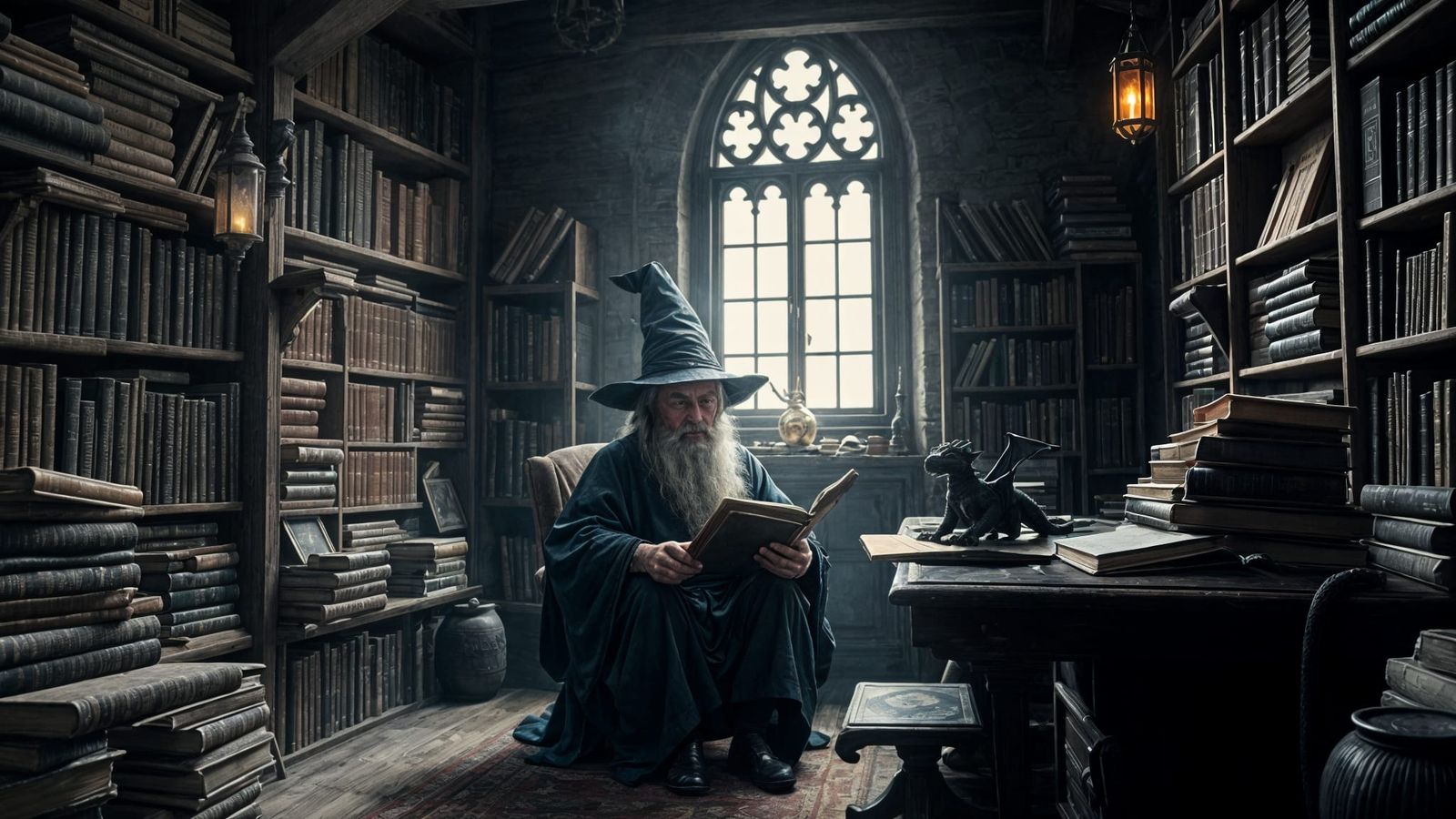 Ethereal Study of a Wizard in His Ancient Library