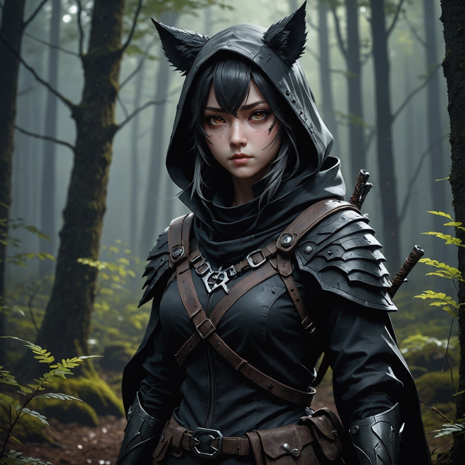 Anime Hunter Woman in Dark Forest: Digital Painting