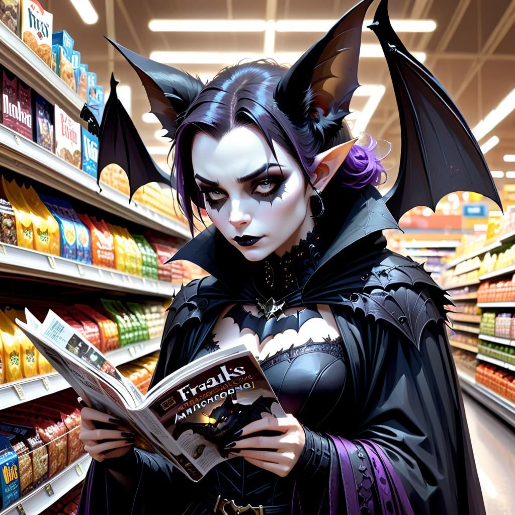 Gothic Bat in Supermarket: Digital Art Illustration