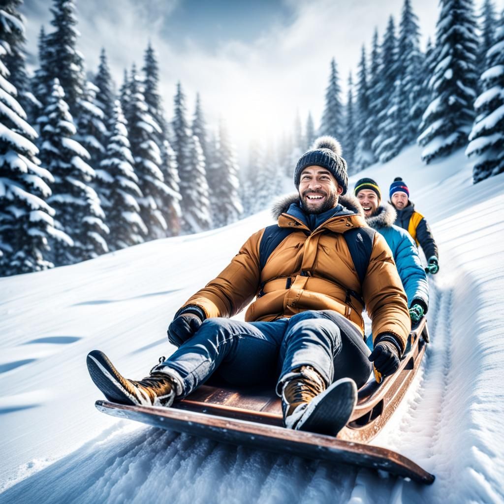 Friends Sledding Down a Snowy Hill in Winter