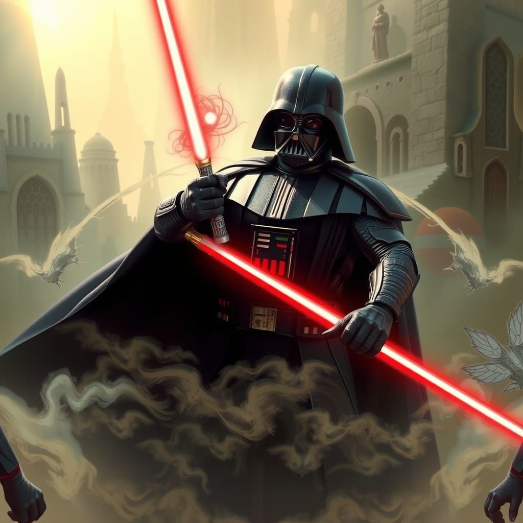 Darth Vader Battles Obi-Wan in Mystical Landscape