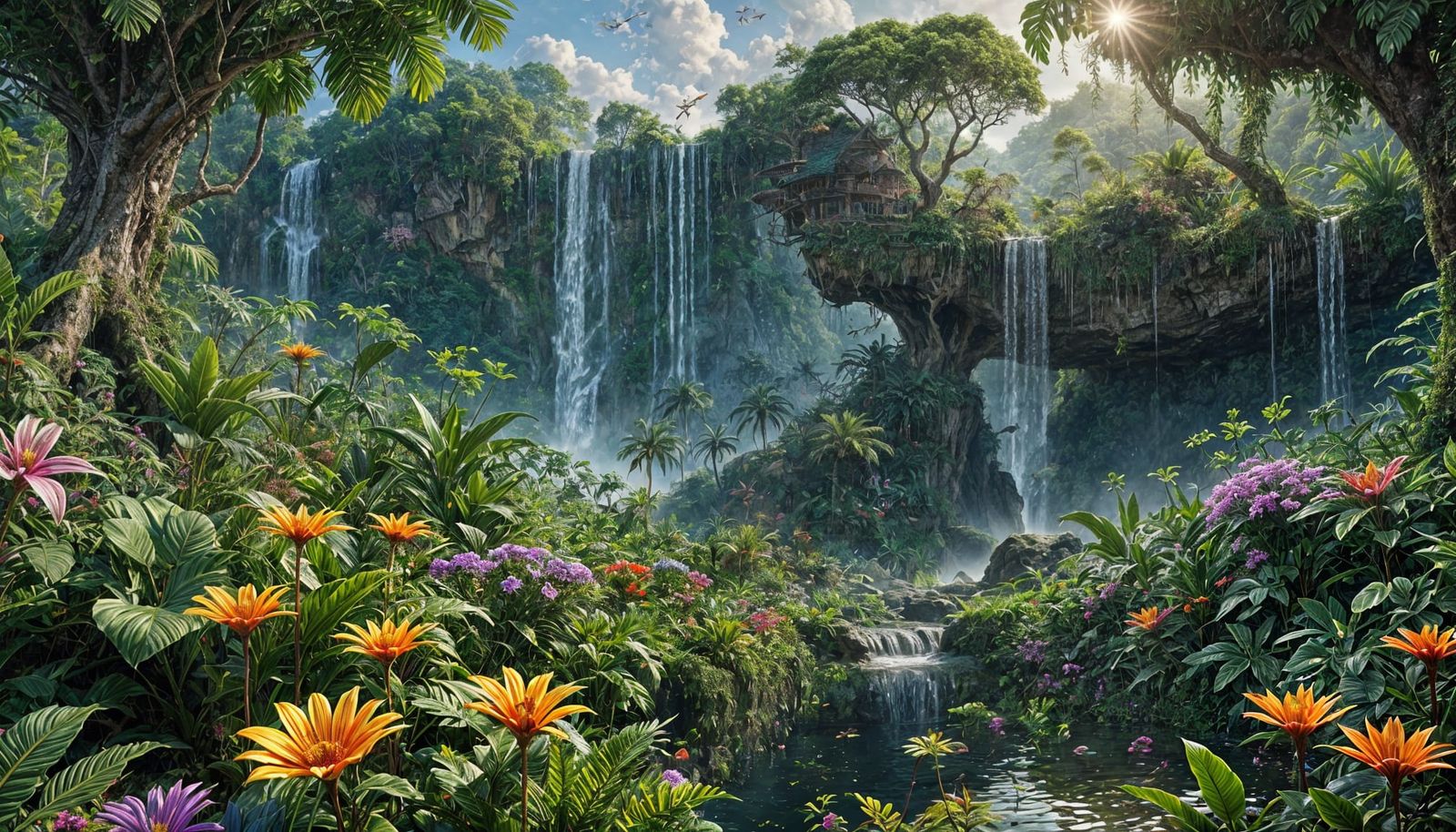 Lush Jungle Planet with Terraced Waterfalls and Floating Isl...