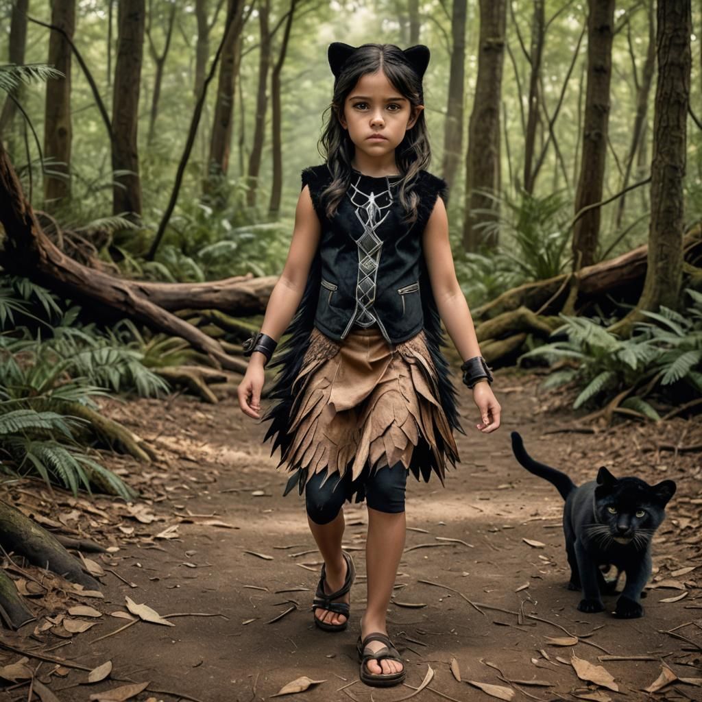 Girl with Panther Features in Forest, Hyperrealistic