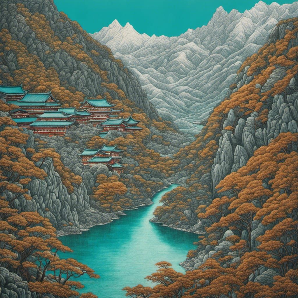 Chinese Snow Mountain Landscape in Colored Pencil
