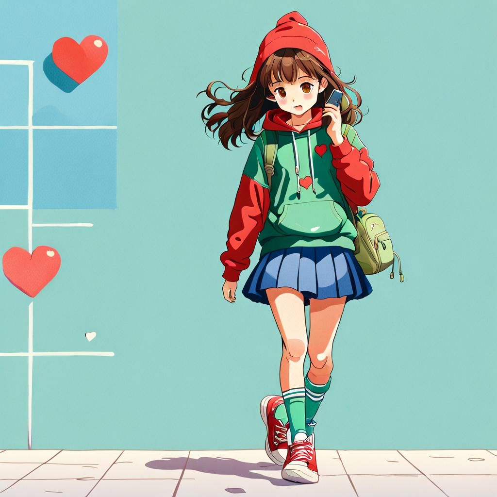 Cute Anime Girl with Phone in Kawaii Style