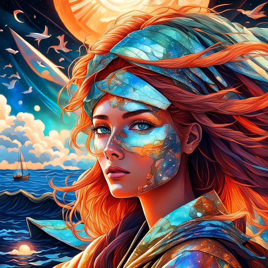 Brazilian Woman with Sailboat: Cosmic Illustration