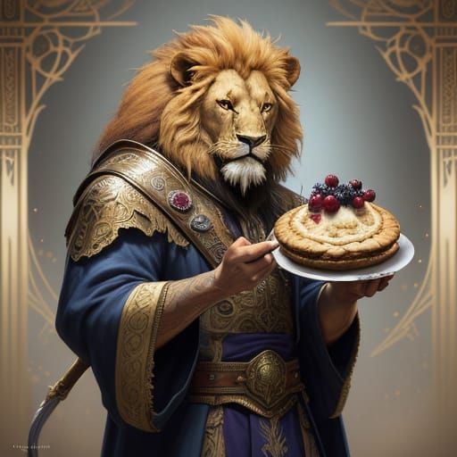 Regal Lion Enjoys Blueberry Pie in Fantasy Art