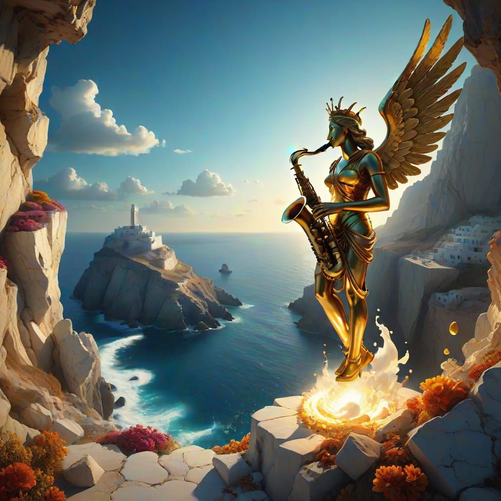 Surreal Ocean Cliffscape with Burning Saxophone and Floating...