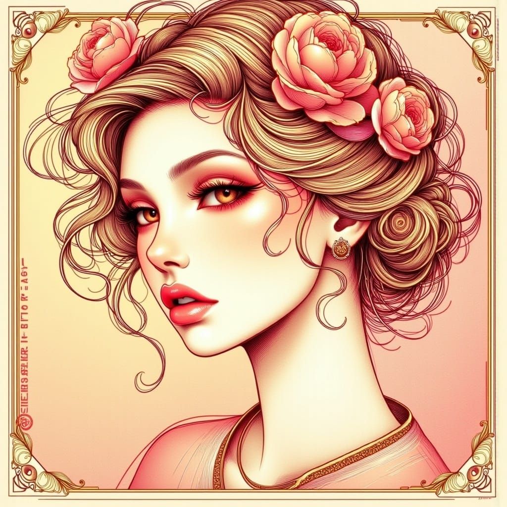 Elegant Woman in Bronze and Gold Line Art