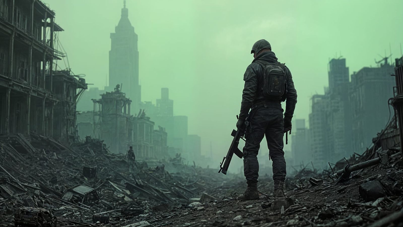 Post-Apocalyptic Survivor in a Ruined Cityscape