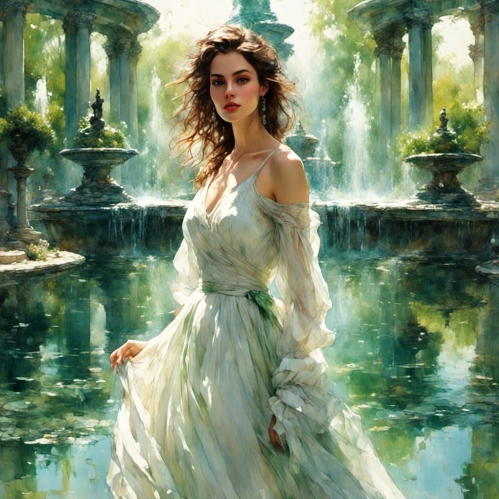Brunette Girl in White Dress Near Fountain