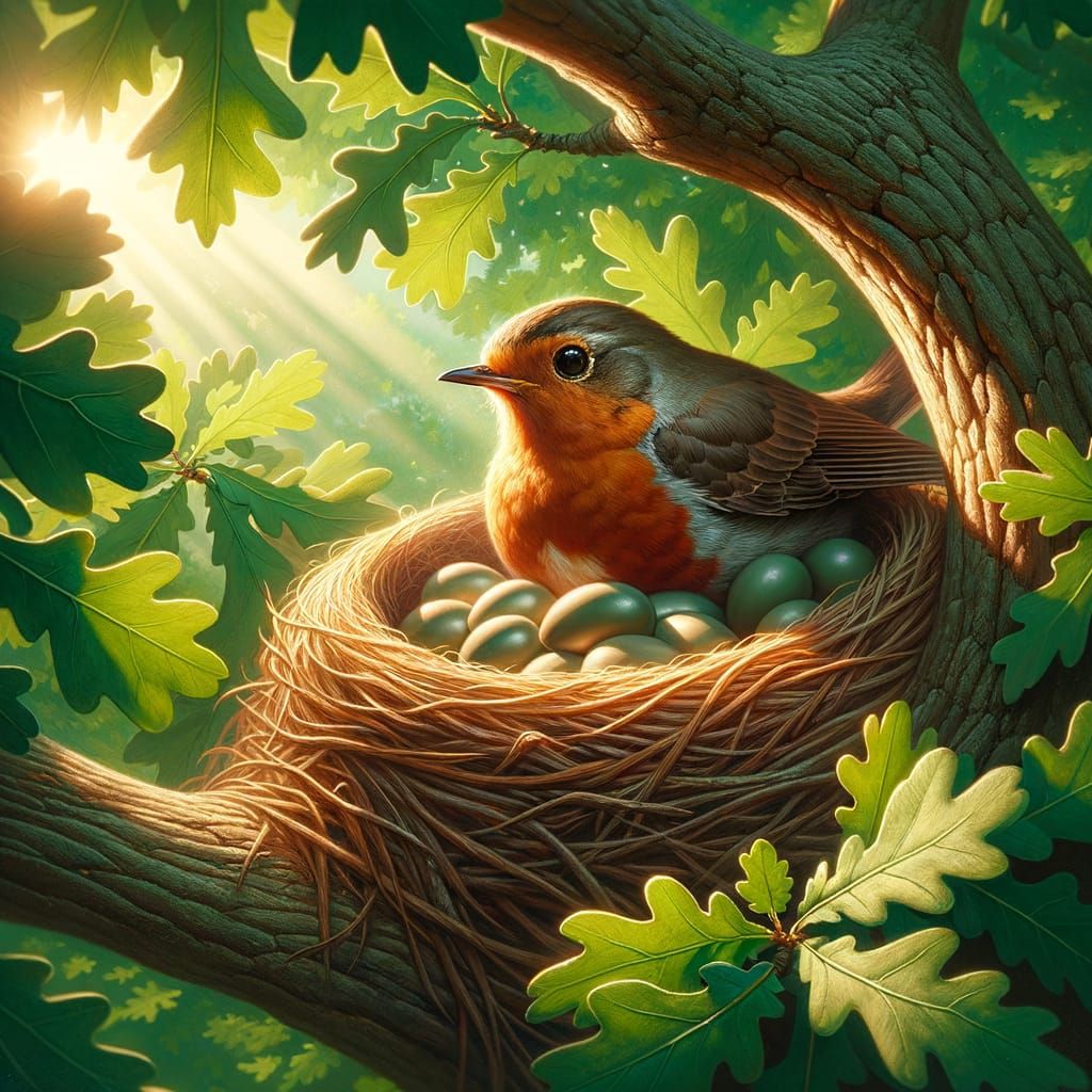 Robin Protecting Eggs in Oak Tree Nest
