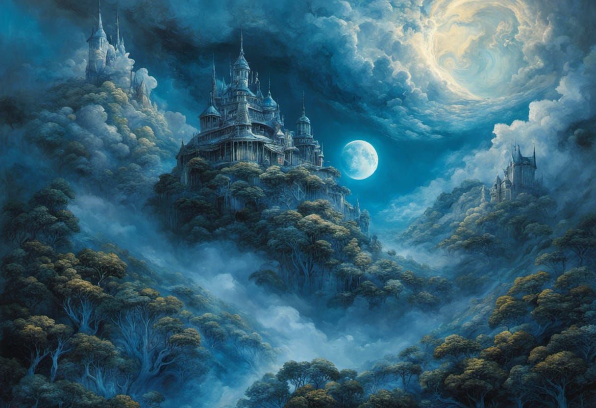 Surreal Blue Moon Floating Through Magic Mist
