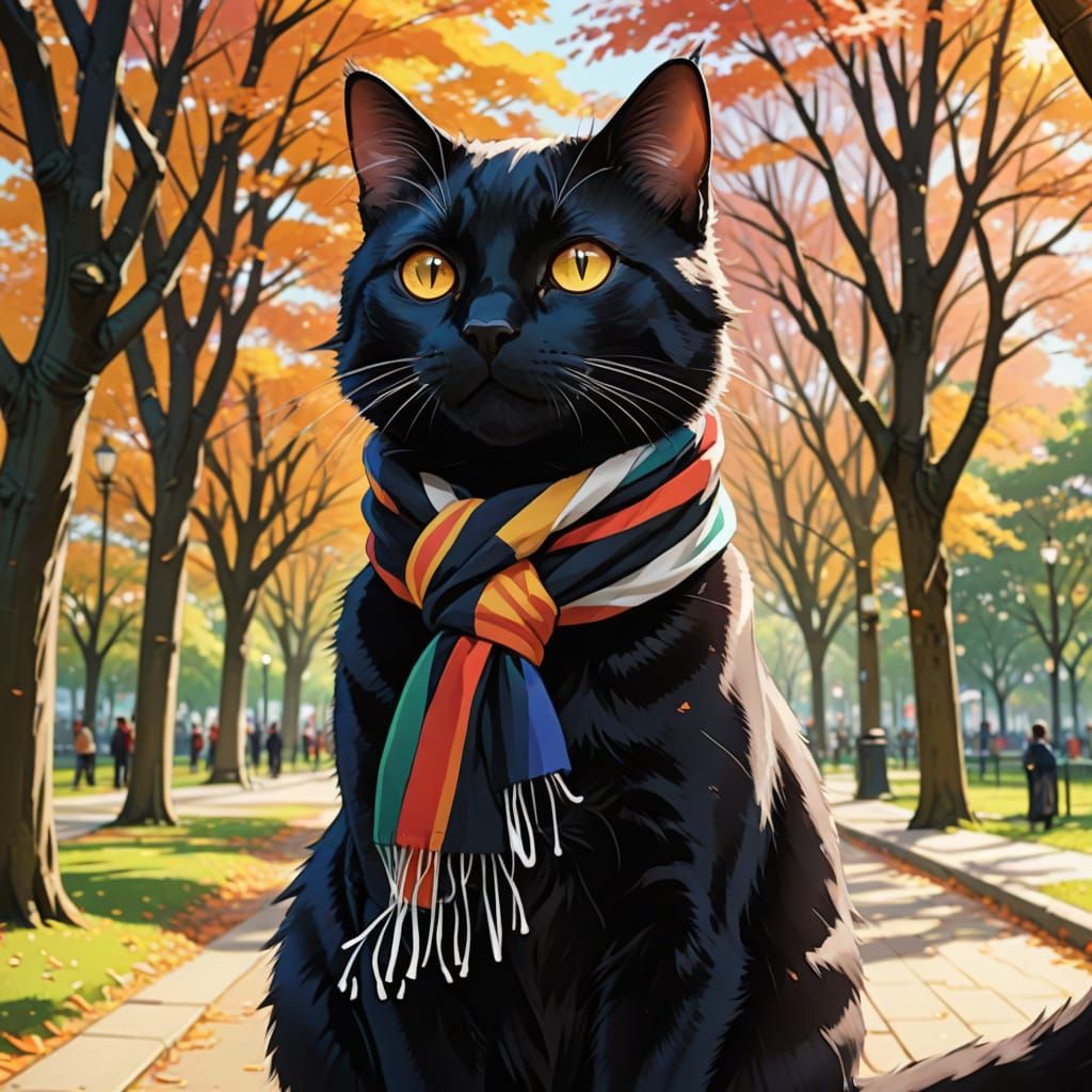 Anime Cat with Striped Scarf in Park