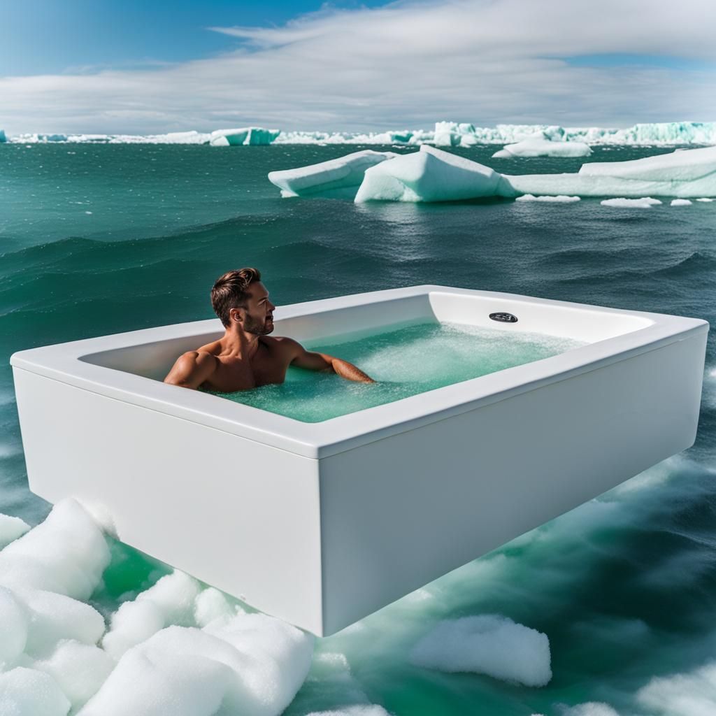 Man in Hot Tub Amidst Arctic Drift Ice