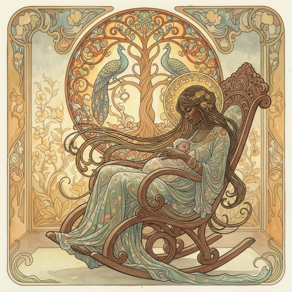 Art Nouveau Watercolor: Black Woman and Baby in Nursery