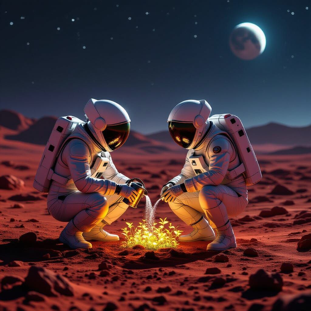 Astronaut Tends Glowing Garden on Mars Landscape