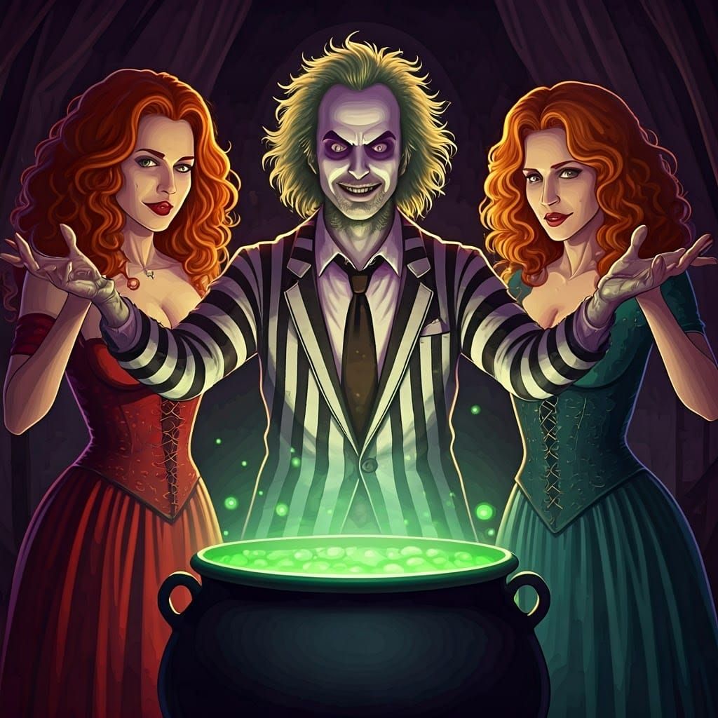 Sanderson Sisters Summon Beetlejuice in Anime Style