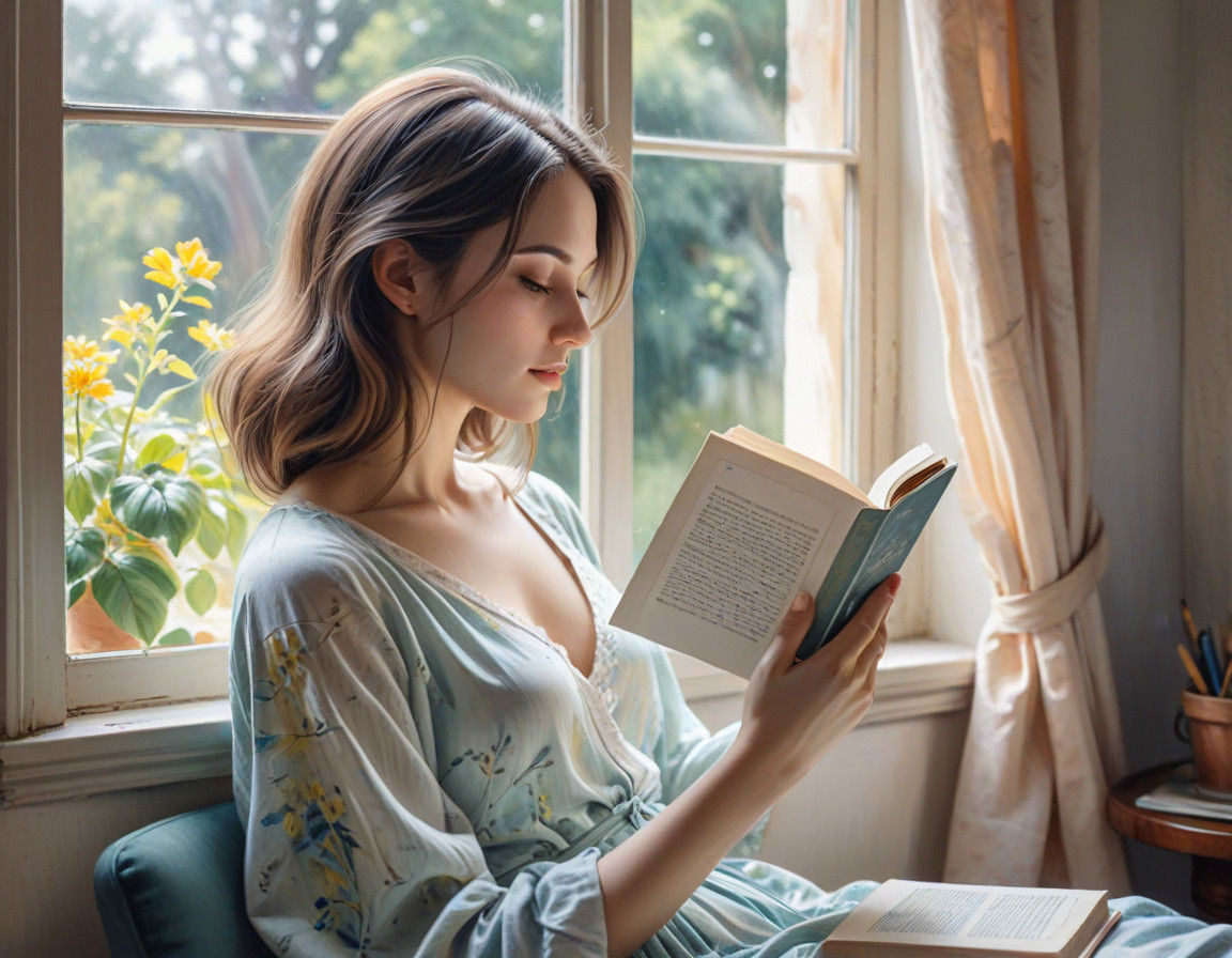 Elegant Woman Reads in Soft Pastel Light