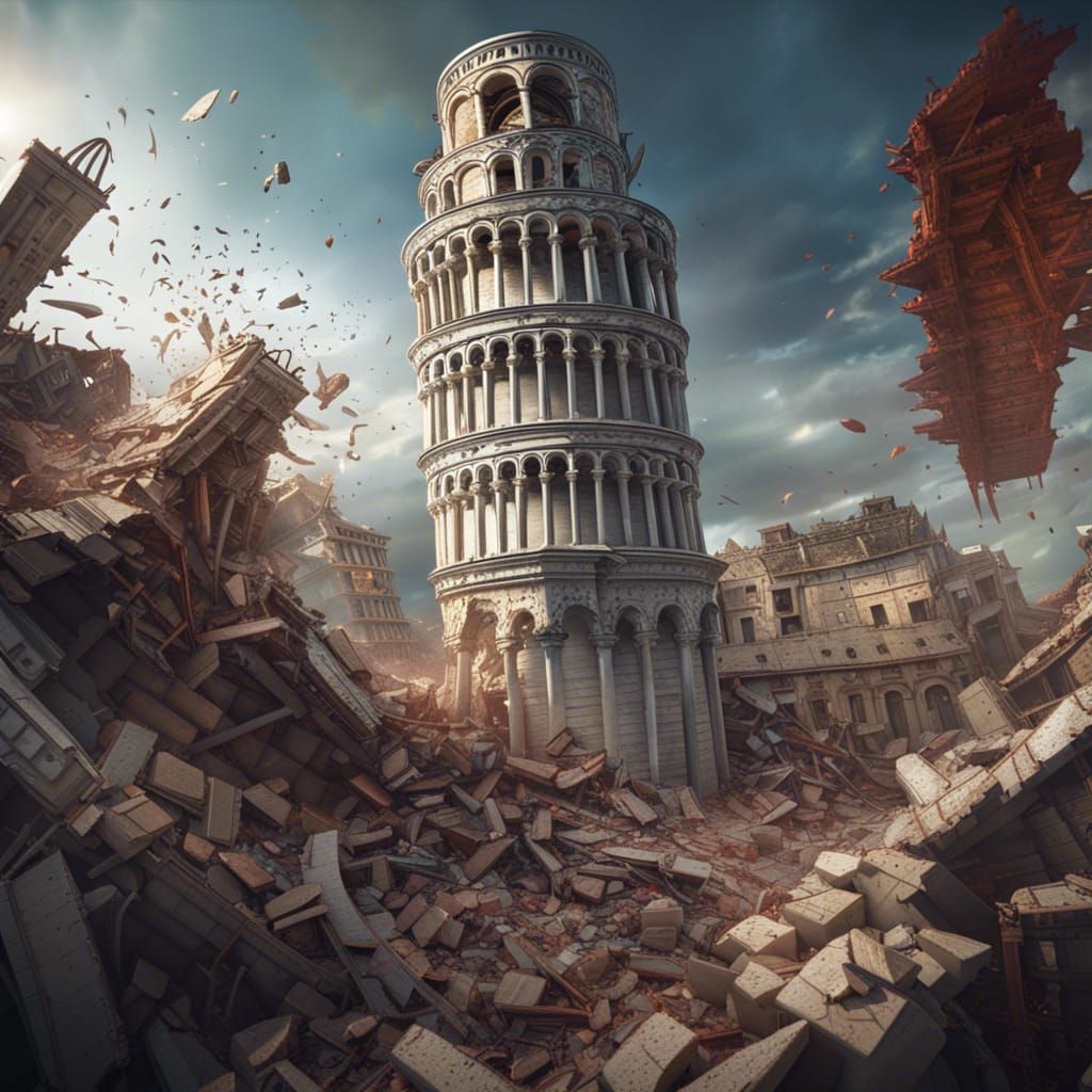 Tower of Pisa Earthquake Disaster in Matte Painting Style
