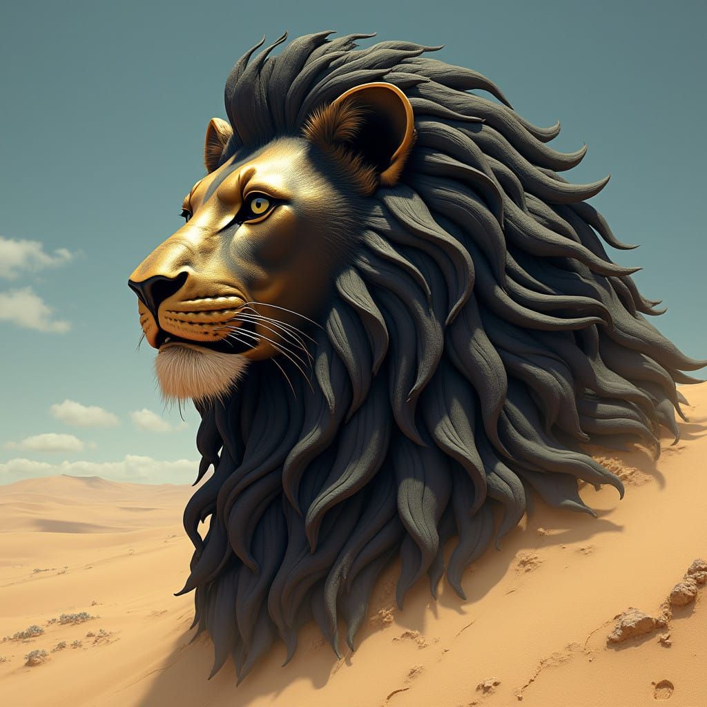 Ancient Egyptian Lion's Head in Hyperrealistic Black and Gol...