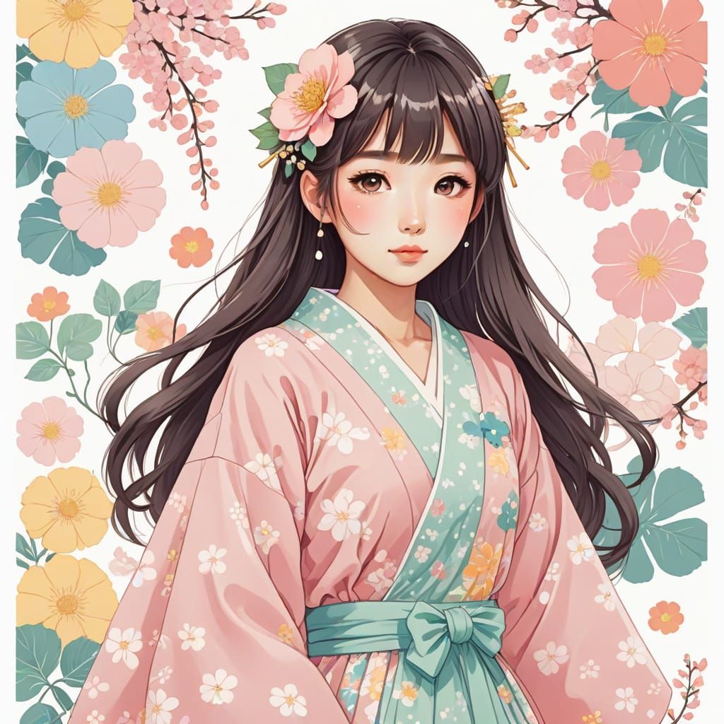 Anime Style Kawaii Japanese Woman in Pastel Colors