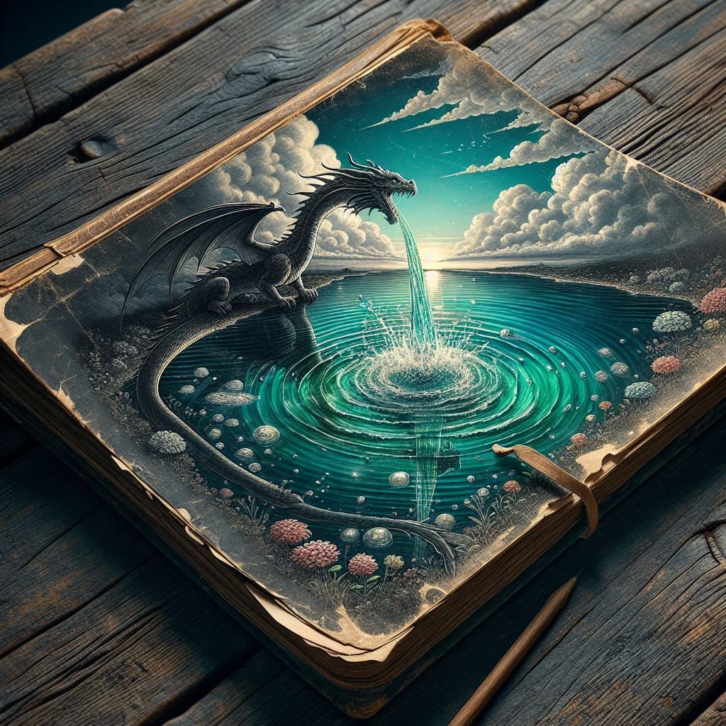 Dragon Lake Scene in Worn Notebook on Wooden Table