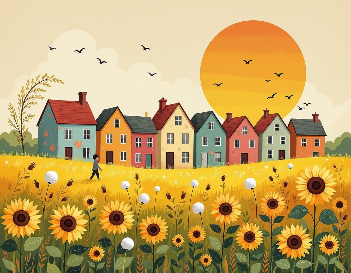 Whimsical Sunflower Meadow Illustration at Sunset