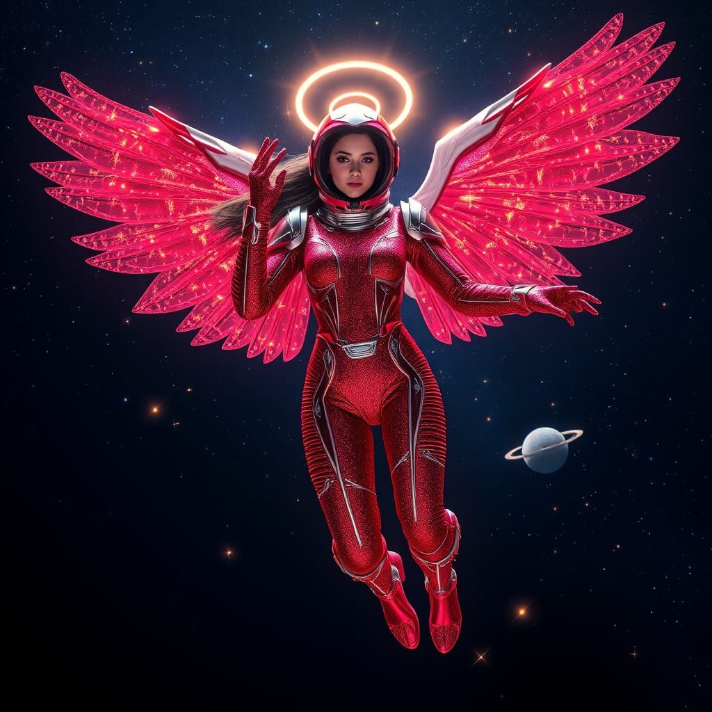 Angelic Spacewoman in Cosmic Void with Glittery Spacesuit